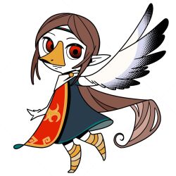 1girl beak brown_hair closed_mouth commentary_request dress feathered_wings full_body headband long_hair looking_at_viewer machigami_yoh medli nintendo pointy_ears red_eyes rito short_sleeves simple_background single_wing solo standing the_legend_of_zelda the_legend_of_zelda:_the_wind_waker very_long_hair white_background wings
