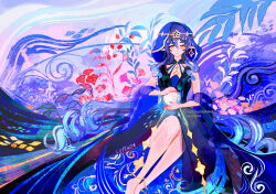  1girl ankle_ring artist_name bare_arms barefoot black_dress blue_background blue_hair blue_hood blue_leaf blue_theme circlet collarbone commentary cqtlatte dress drill_hair drill_sidelocks earrings ears_down english_commentary english_text floral_background flower genshin_impact gold_circlet gold_trim hair_between_eyes hair_ornament highres holding holding_orb hood iridescent jewelry knees layla_(genshin_impact) legs_together long_dress multicolored_background on_ground orb outdoors painterly pink_flower pointy_ears red_flower sidelocks single_earring sitting solo star_(symbol) star_hair_ornament star_ornament straight-on tumblr_username twitter_username vegetation yellow_eyes 