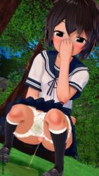 1girl 3d black_eyes black_footwear black_socks blue_neckwear blue_skirt blush bow bowtie brown_hair bush censored covering_own_mouth forest grass hand_over_own_mouth kneehighs loli looking_at_viewer nature panties panty_pull pee_stain peeing puddle school_uniform shirt shoes short_hair skirt socks squatting stained_panties tears tree underwear wet wet_clothes wet_panties white_panties white_shirt rating:Explicit score:4 user:cpee