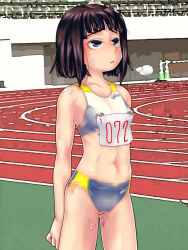  1girl blush bodypaint brown_eyes brown_hair buruma exhibitionism flat_chest full-face_blush navel nipple_piercing nipples nude original painted_clothes piercing public_indecency pussy raplus running_track safety_pin short_hair solo sports_bra sweat uncensored  rating:Explicit score:146 user:danbooru