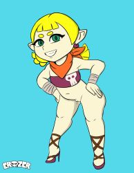  1girl aryll blonde_hair bottomless cleft_of_venus erozer green_eyes high_heels highres looking_at_viewer nintendo pointy_ears scarf strapless the_legend_of_zelda the_legend_of_zelda:_the_wind_waker third-party_edit tube_top twintails uncensored  rating:Explicit score:45 user:HylianRedrawer
