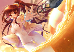 1girl ainili armpits bad_id bad_pixiv_id blurry blush bow breasts brown_hair censored cloud dutch_angle embarrassed female_focus food foreshortening frills fruit groin hair_ornament hip_focus innertube jacket legs long_hair long_sleeves looking_at_viewer medium_breasts navel nipples nude ocean off_shoulder open_clothes open_jacket open_mouth open_shirt original outdoors outstretched_arm outstretched_arms palm_tree ponytail reaching red_eyes shirt sky solo strawberry sunset swim_ring tears thigh_gap thighs tree very_long_hair wading wardrobe_malfunction water rating:Explicit score:27 user:danbooru
