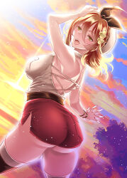  1girl artist_request ass atelier_(series) atelier_ryza bare_shoulders blush breasts brown_eyes brown_hair fangs from_behind hair_ornament hair_ribbon hairclip hat large_breasts long_hair looking_at_viewer open_mouth red_shorts reisalin_stout ribbon short_shorts shorts sideboob smile solo thick_thighs thighhighs thighs 
