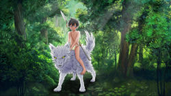  1boy black_hair blue_eyes chocoman2003 forest fundoshi japanese_clothes male_focus nature outdoors plant polearm shota solo spear weapon wolf  rating:Questionable score:16 user:Shruitz