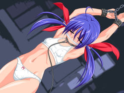 1girl armpits arms_up bdsm blue_hair bondage bound bow bow_panties bra breasts chain chained cleave_gag closed_eyes cloth_gag collar covered_erect_nipples cuffs fatal_fury flat_chest futaba_hotaru gag gagged garou:_mark_of_the_wolves improvised_gag inferno_(nanbu14) leash lingerie loli navel panties slave small_breasts snk solo sports_bra training_bra twintails underwear underwear_only white_panties rating:Questionable score:52 user:danbooru