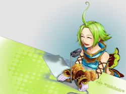  .hack// .hack//g.u. .hack//games 00s 1girl bandai closed_eyes cyber_connect_2 female_focus gloves gradient_background green_hair happy makuhashi microphone natsume_(.hack//) open_mouth paper short_hair solo 