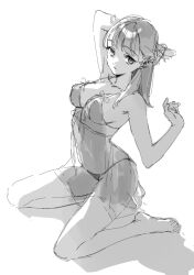  1girl arm_behind_head barefoot breasts chemise cleavage from_side greyscale light_frown looking_at_viewer medium_breasts medium_hair minoshima_ayaka monochrome original panties see-through see-through_chemise sitting sketch solo underwear underwear_only wariza 