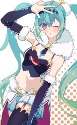  1girl ;o aqua_hair aqua_nails arm_up black_footwear black_hairband black_sleeves blue_eyes boots breasts crop_top detached_sleeves floating_hair fur-trimmed_sleeves fur_trim garter_straps gradient_hair green_hair hairband hatsune_miku highres long_hair long_sleeves looking_at_viewer midriff miniskirt multicolored_hair nail_polish navel necktie one_eye_closed pleated_skirt racing_miku racing_miku_(2018) rashu_kaito short_necktie skirt small_breasts solo standing standing_on_one_leg stomach thigh_boots thighhighs twintails very_long_hair vocaloid w white_background white_skirt zettai_ryouiki 