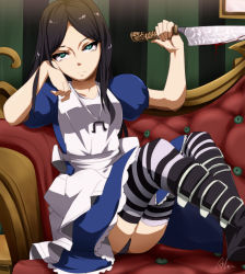  1girl alice:_madness_returns alice_(alice_in_wonderland) alice_in_wonderland alice_liddell_(american_mcgee&#039;s_alice) american_mcgee&#039;s_alice american_mcgee's_alice animification aqua_eyes arm_support black_hair blood boots bored green_eyes highres knife long_hair long_legs magukappu panties pantyshot sitting solo striped_clothes striped_thighhighs thighhighs underwear vorpal_blade  rating:Sensitive score:137 user:danbooru