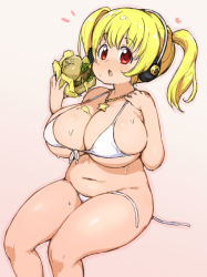  1girl bikini blonde_hair blush breasts cleavage food front-tie_bikini front-tie_top burger headphones huge_breasts jewelry looking_at_viewer messy necklace nitroplus open_mouth plump randou red_eyes side-tie_bikini simple_background sitting solo star_(symbol) star_necklace super_pochaco sweat swimsuit thighs untied untied_bikini white_background white_bikini white_swimsuit  rating:Questionable score:16 user:internetlovemachine