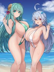  2girls absurdres ahoge aqua_eyes aqua_hair areola_slip bare_arms bare_legs bare_shoulders beach blue_hair breasts earrings emerald_(houseki_hime) ghost_crystal ghost_crystal_(houseki_hime) green_one-piece_swimsuit hair_ornament heart heart_earrings highres horizon houseki_hime huge_breasts jewelry legs light_blue_hair long_hair looking_at_viewer multiple_girls ocean one-piece_swimsuit open_mouth outdoors red_eyes slingshot_swimsuit smile standing swimsuit thighs very_long_hair wet white_one-piece_swimsuit 