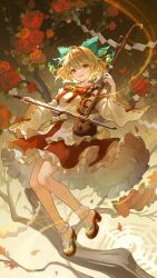  1girl adapted_costume blonde_hair bobby_socks bow bow_(music) commentary_request detached_sleeves erhu flower frilled_sleeves frills full_body green_bow hair_bobbles hair_bow hair_ornament happy highres instrument japanese_clothes kariginu kyusoukyu long_sleeves music neck_ribbon parted_lips playing_instrument red_footwear red_ribbon red_skirt ribbon rose sandals satsuki_rin shirt short_hair skirt socks solo touhou tree white_shirt white_sleeves white_socks wide_sleeves yellow_eyes 