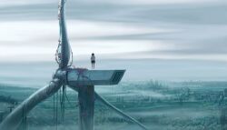  1girl absurdres cloud cloudy_sky commentary_request flower fnzf5388 highres ivy original overgrown pink_flower power_lines scenery sky solo standing wind_turbine windmill 
