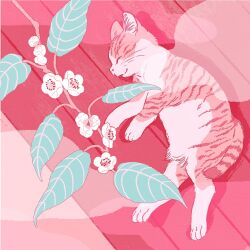  animal animal_focus branch cat closed_eyes closed_mouth cloud flower flower_request itou_shizu leaf lying no_humans on_side original shadow sleeping solo tabby_cat white_flower wooden_floor 
