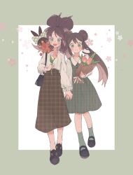  2girls :d bag black_footwear blue_eyes blush border bouquet brown_hair brown_skirt closed_mouth collared_shirt commentary creatures_(company) double_bun dress flower foongus game_freak gen_5_pokemon green_border green_dress green_socks hair_bun handbag high-waist_skirt highres hilda_(pokemon) hime_(himetya105) holding holding_bouquet holding_flower holding_hands long_sleeves looking_at_viewer multiple_girls nintendo open_mouth outside_border pink_flower pink_tulip pokemon pokemon_(creature) pokemon_bw pokemon_bw2 rosa_(pokemon) shirt shirt_tucked_in shoes side-by-side simple_background skirt sleeveless sleeveless_dress smile socks symbol-only_commentary tepig tulip twintails white_background white_shirt yuri 