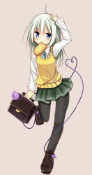  1girl adapted_costume ahoge bag black_pantyhose bread_slice briefcase contemporary food food_in_mouth full_body handbag heart heart_of_string komeiji_koishi loafers miniskirt mouth_hold no_headwear pantyhose school_bag school_briefcase school_uniform shoes skirt solo standing standing_on_one_leg toast toast_in_mouth touhou white_background yuuhagi_(amaretto-no-natsu)  rating:Sensitive score:7 user:danbooru