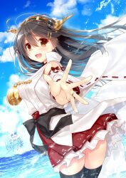  1girl :d bare_shoulders black_hair black_thighhighs breasts brown_eyes commentary_request commission dated detached_sleeves from_side hair_between_eyes hair_ornament hairclip hakama hakama_short_skirt hakama_skirt haruna_(kancolle) haruna_kai_ni_(kancolle) headgear highres japanese_clothes kantai_collection large_breasts long_hair looking_at_viewer looking_to_the_side nontraditional_miko open_mouth red_skirt ribbon-trimmed_sleeves ribbon_trim ryuuga_shou signature skeb_commission skirt smile solo thighhighs 