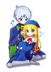  1boy 1girl absurdres blonde_hair blue_eyes blue_gloves fingerless_gloves gloves grey_hair headband highres long_hair long_sleeves looking_at_another looking_at_viewer offbeat puyopuyo schezo_wegey short_hair simple_background sitting white_background witch_(puyopuyo) 
