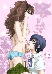 2girls ass atlus bare_shoulders blue_eyes blue_hair blue_panties blush breasts brown_eyes brown_hair butt_crack clothed_on_nude clothes_pull grabbing_another&#039;s_chin kujikawa_rise long_hair megami_tensei multiple_girls nipples panties parted_lips persona persona_4 shin_megami_tensei shiny_skin shirogane_naoto short_hair sideboob skirt skirt_pull smile topless twintails underwear undressing yuri rating:Questionable score:47 user:armorcrystal