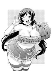  10s 1girl ;d \n/ bare_shoulders black_hair blush breasts cheerleader cleavage collarbone covered_erect_nipples cowboy_shot curvy elbow_gloves fingerless_gloves gloves greyscale headset highres idol large_breasts leaning_forward long_hair looking_at_viewer love_live! love_live!_school_idol_project low_twintails m/ miniskirt monochrome navel one_eye_closed open_mouth plump pom_pom_(cheerleading) skirt smile solo star_tattoo striped_clothes striped_thighhighs takaramonozu takurou tattoo thick_thighs thighhighs thighs tojo_nozomi twintails wide_hips 