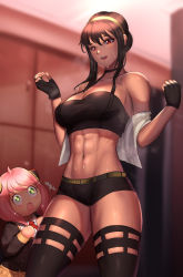  2girls :o abs absurdres ahoge alternate_costume anya_(spy_x_family) awestruck black_buruma black_gloves black_hair black_sports_bra black_thighhighs blurry blurry_background breasts breath buruma camisole child clothes_writing eden_academy_school_uniform exercising fingerless_gloves fluffydus gloves gold_hairband hairband highres holding holding_towel large_breasts looking_at_another mother_and_daughter multiple_girls navel neck_ribbon open_mouth pink_hair red_eyes red_ribbon ribbon school_uniform sidelocks sparkle sparkling_eyes sports_bra spy_x_family steaming_body stomach sweat teeth thighhighs thighs toned towel towel_on_arm yor_briar  rating:Sensitive score:139 user:danbooru