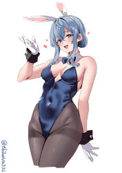  1girl :d animal_ears bare_shoulders black_wrist_cuffs blue_bow blue_bowtie blue_eyes blue_hair blue_leotard blush bow bowtie breasts breasts_apart brown_pantyhose collar commentary_request covered_navel detached_collar ebifurya fake_animal_ears gloves gotland_(kancolle) groin hair_between_eyes hairband hand_up heart highres kantai_collection leotard long_hair looking_at_viewer medium_breasts mole mole_under_eye one-hour_drawing_challenge open_mouth pantyhose playboy_bunny rabbit_ears simple_background smile solo strapless strapless_leotard teeth thighband_pantyhose twitter_username upper_teeth_only white_background white_collar white_gloves white_hairband wrist_cuffs 