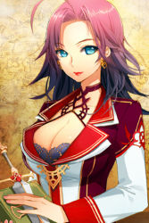  1girl ahoge aqua_eyes blue_eyes breasts cleavage collarbone dagger earrings holding jacket jewelry knife large_breasts lipstick long_hair lowres makeup map nail_polish parted_bangs pink_hair red_hair rio_(sword_girls) smile solo sword sword_girls weapon  rating:Questionable score:18 user:Naota00_