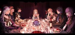  3girls 4boys 7wata_himori arash_(fate) armor black_dress black_hair black_robe blonde_hair blood blood_on_face blue_dress bone bottle bouquet breastplate breasts brooch brynhildr_(fate) candelabra candle candlestand champagne_flute collared_shirt commentary_request cup dress drinking_glass earrings fate/prototype fate/prototype:_fragments_of_blue_and_silver fate_(series) feast flower hair_over_one_eye hassan_of_serenity_(fate) highres hood hood_up jekyll_and_hyde_(fate) jewelry long_hair mask multiple_boys multiple_girls ozymandias_(fate) paracelsus_(fate) plate purple_hair robe sajou_manaka sharp_teeth shirt short_hair skull_mask small_breasts smile spoilers teeth utensil white_shirt yellow_eyes 
