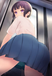 1girl ass ass_focus bag black_hair blue_skirt blush collared_shirt from_behind from_below highres komone_ushio legs_apart looking_at_viewer looking_back original pleated_skirt purple_eyes shirt short_hair short_sleeves skirt solo standing thighs train white_shirt rating:Questionable score:19 user:JustHere4Butts