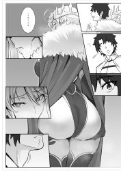 1boy 1girl absurdres artoria_pendragon_(fate) artoria_pendragon_(lancer)_(fate) ass ass_focus ass_grab bird blonde_hair blush breasts cape crow fate/grand_order fate_(series) fujimaru_ritsuka_(male) greyscale heart heart-shaped_pupils hetero highres leotard medium_breasts monochrome no_eyes red_cape sex sex_from_behind shiki_(love-saber) sweat symbol-shaped_pupils temptation