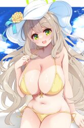  1girl absurdres bare_arms bare_legs bare_shoulders bikini blue_archive blue_ribbon blush breasts cleavage cloud collarbone cowboy_shot front-tie_bikini_top front-tie_top green_eyes green_halo halo hat hat_ribbon highres karaage3 large_breasts light_brown_hair long_hair looking_at_viewer navel nonomi_(blue_archive) nonomi_(swimsuit)_(blue_archive) official_alternate_costume open_mouth ribbon side-tie_bikini_bottom smile solo swimsuit white_hat yellow_bikini 