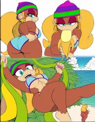  2girls ape ass back banana beach beanie bikini blonde_hair blue_eyes breasts candy_kong curvy donkey_kong_(series) earrings food food_in_mouth fruit hat highres hoop_earrings jewelry large_breasts long_hair monkey_girl multiple_girls multiple_views nail_polish navel nintendo omegasunburst plant presenting shortstack sideboob smile swimsuit thick_thighs thighs tiny_kong tree twintails underboob very_long_hair vines  rating:Questionable score:67 user:Ggastino338