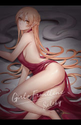 1girl back bad_id bad_pixiv_id bare_back bare_legs bare_shoulders blonde_hair braid breasts closed_mouth dress french_braid girls&#039;_frontline high_heels highres legs long_hair looking_at_viewer lying medium_breasts official_alternate_costume on_side orange_eyes ots-14_(girls&#039;_frontline) ots-14_(ruler_of_the_banquet)_(girls&#039;_frontline) panties red_dress red_panties selcky solo thighs underwear rating:Sensitive score:51 user:danbooru