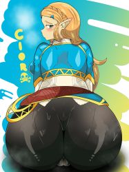 1girl abstract_background absurdres ass backboob black_pants blonde_hair blush breasts cameltoe cleft_of_venus cloroxformius curvy female_focus green_eyes highres huge_ass long_hair looking_back nintendo pants pantylines pointy_ears pout princess_zelda solo sweat the_legend_of_zelda the_legend_of_zelda:_breath_of_the_wild tight_clothes tight_pants very_long_hair wide_hips rating:Questionable score:51 user:JustHere4Tits