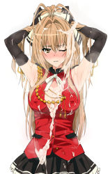 10s 1girl adjusting_hair amagi_brilliant_park antenna_hair armpits blush breasts brown_eyes brown_hair bukkake center_opening cleavage cleavage_cutout clothing_cutout covered_erect_nipples cum cum_on_armpit cum_on_body cum_on_breasts cum_on_clothes cum_on_hair cum_on_upper_body elbow_gloves facial gloves ishii_takamori large_breasts long_hair open_clothes open_shirt ponytail sento_isuzu shirt simple_background skirt sleeveless solo white_background wince rating:Explicit score:86 user:danbooru