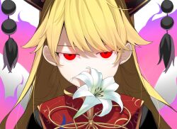  1girl blonde_hair commentary_request flower highres junko_(touhou) keiki8296 lily_(flower) long_hair looking_at_viewer multiple_tails pom_pom_(clothes) red_eyes red_tabard solo tabard tail touhou white_flower 