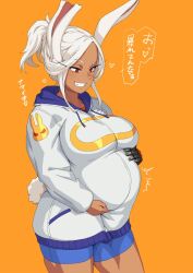  1girl boku_no_hero_academia breasts large_breasts long_hair mikoyan mirko mother&#039;s_day orange_background pregnant solo translated 