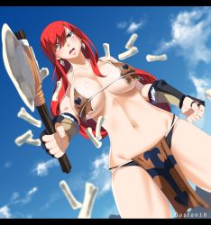 1girl absurdres axe battle_axe bikini bikini_top_only black_panties blue_sky bone breasts breasts_apart brown_eyes cleavage clenched_hands cloud colorized cowboy_shot day dutch_angle earrings erza_scarlet fairy_tail gaston18 gauntlets hair_between_eyes heart highres holding holding_weapon jewelry large_breasts letterboxed lips loincloth long_hair looking_afar mashima_hiro navel open_mouth panties pelvic_curtain red_hair skindentation sky solo standing stomach swimsuit thighs tribal tsurime underboob underwear weapon rating:Questionable score:98 user:Demiourgos