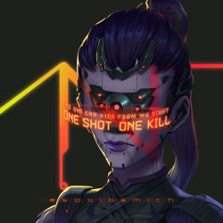  1girl android artist_name character_name closed_mouth colored_skin cyberpunk_(series) cyberpunk_2077 cyborg earphones english_text extra_eyes facing_viewer glowing hair_pulled_back highres joints long_hair overwatch overwatch_1 ponytail portrait purple_hair purple_lips purple_skin robot_joints solo squidsmith widowmaker_(overwatch)  rating:Sensitive score:23 user:danbooru