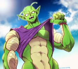 1boy abs anger_vein angry artist_name bara black_nails bobojobobo clothes_lift cloud colored_skin day dragon_ball green_skin large_pectorals lifting_own_clothes male_focus muscular muscular_male nail_polish namekian navel open_mouth outdoors pectorals piccolo pointy_ears purple_shirt shirt shirt_lift sky solo upper_body rating:Sensitive score:3 user:danbooru