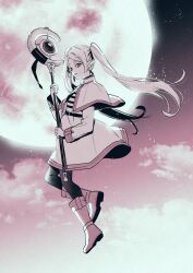  1girl absurdres cloud earrings elf floating frieren full_body full_moon highres holding holding_staff jewelry karasuma_yayoi long_hair looking_at_viewer mage_staff monochrome moon night parted_lips pointy_ears sky solo sousou_no_frieren staff twintails 
