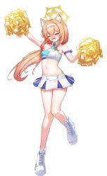  1girl absurdres animal_ears arm_strap arm_up bare_legs bare_shoulders blue_archive blush breasts cheering cleavage closed_eyes crop_top embarrassed facing_viewer full_body hair_between_eyes hairband halo hand_up highres hip_focus holding holding_pom_poms mari_(blue_archive) midriff millennium_cheerleader_outfit_(blue_archive) miniskirt navel nervous nonoka7221 orange_hair pleated_skirt pom_pom_(cheerleading) pom_poms shirt skirt sleeveless sleeveless_shirt small_breasts solo standing standing_on_one_leg stomach tears thigh_gap unhappy white_hairband yellow_halo 