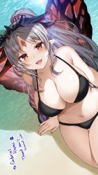  1girl absurdres bare_stomach bikini black_bikini blush breasts brown_eyes butterfly_wings cleavage english_text fairy fairy_wings female_focus fire_emblem fire_emblem_heroes grey_hair highres insect_wings large_breasts looking_at_viewer navel nintendo open_mouth plumeria_(fire_emblem) pointy_ears ponytail smile solo stomach swimsuit thighs twitter_username wings  rating:Questionable score:30 user:Zephyr231
