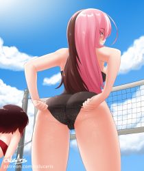 2girls adjusting_clothes adjusting_swimsuit ass beach_volleyball bikini bikini_top_only black_bikini blue_sky brown_hair cloud cslucaris day eyes_visible_through_hair female_focus from_behind from_below leaning_forward legs_apart long_hair looking_at_viewer looking_back multicolored_hair multiple_girls neo_politan outdoors parted_lips pink_eyes pink_hair red_bikini red_hair ruby_rose rwby short_hair signature sky solo_focus split-color_hair straight_hair swimsuit thighs two-tone_hair watermark web_address rating:Sensitive score:98 user:danbooru