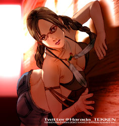 1girl armlet ass bikini bikini_top_only braid breast_press breasts cleavage denim dutch_angle feathers glasses jeans jewelry julia_chang kawano_takuji large_breasts lips long_hair namco necklace official_art on_floor pants solo swimsuit tekken tekken_3 tekken_4 tekken_5_(dark_resurrection) tekken_tag_tournament tekken_tag_tournament_2 twin_braids watermark rating:Questionable score:56 user:danbooru