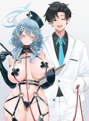  1boy 1girl :d absurdres ako_(blue_archive) anger_vein angry areola_slip arm_tattoo belt black_hair blue_archive blue_archive_the_animation blue_hair blush breasts bruise closed_eyes collar dishwasher1910 drill_hair earrings elbow_gloves female_pubic_hair gloves gluteal_fold halo hat highres injury jewelry large_breasts leash medium_hair open_mouth pasties pen pubic_hair sensei_(blue_archive) sensei_(blue_archive_the_animation) short_hair smile tattoo thigh_gap thighhighs wavy_hair  rating:Questionable score:58 user:danbooru