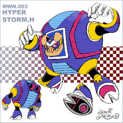  1boy animal_ears animal_feet ankle_boots ariga_hitoshi armor arms_up artist_name black_bodysuit blue_armor blue_footwear blue_helmet bodysuit boots brown_background character_name character_sheet checkered_background commentary_request concept_art from_behind full_body gloves gradient_background grey_background helmet highres hyper_storm_h_(mega_man) joints looking_ahead looking_at_viewer male_focus mega_man:_the_wily_wars mega_man_(classic) mega_man_(series) mega_man_megamix multiple_views no_humans non-humanoid_robot open_hands pig_ears pig_nose red_eyes robot robot_joints scanlines screw shoe_soles signature simple_background snout standing three_quarter_view turnaround tusks white_background white_gloves 