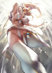 1girl aqua_eyes arm_up armpits arrow_(projectile) backlighting blonde_hair boots bow bow_(weapon) breasts capelet cleavage elf flower hair_flower hair_ornament halterneck highres holding holding_arrow holding_bow_(weapon) holding_weapon kekemotsu large_breasts long_hair looking_at_viewer open_mouth original pointy_ears ponytail revealing_clothes ribbed_legwear solo thigh_boots thighhighs weapon white_thighhighs rating:Sensitive score:52 user:danbooru