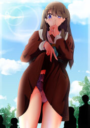  1girl absurdres aqua_neckerchief blue_sky brown_dress brown_hair closed_mouth clothes_lift cloud commentary dress dress_lift eyes_visible_through_hair finger_to_mouth fujishima_megumi hasu_no_sora_school_uniform highres lens_flare lifting_own_clothes link!_like!_love_live! long_hair long_sleeves looking_at_viewer love_live! medium_dress neckerchief panties pleated_dress purple_eyes purple_panties rakinegimagi sailor_collar sailor_dress school_uniform shushing silhouette sky smile solo_focus symbol-only_commentary two_side_up underwear virtual_youtuber white_sailor_collar winter_uniform 
