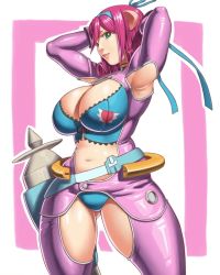  1girl arms_up breasts green_eyes huge_breasts muchi_muchi_pork solo 